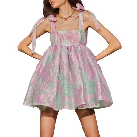 Flainer Dresses & Skirts - Wolf & Badger Baby Doll Pink Floral Embossed Sz S Coquette Fairy Bow Puff Dress